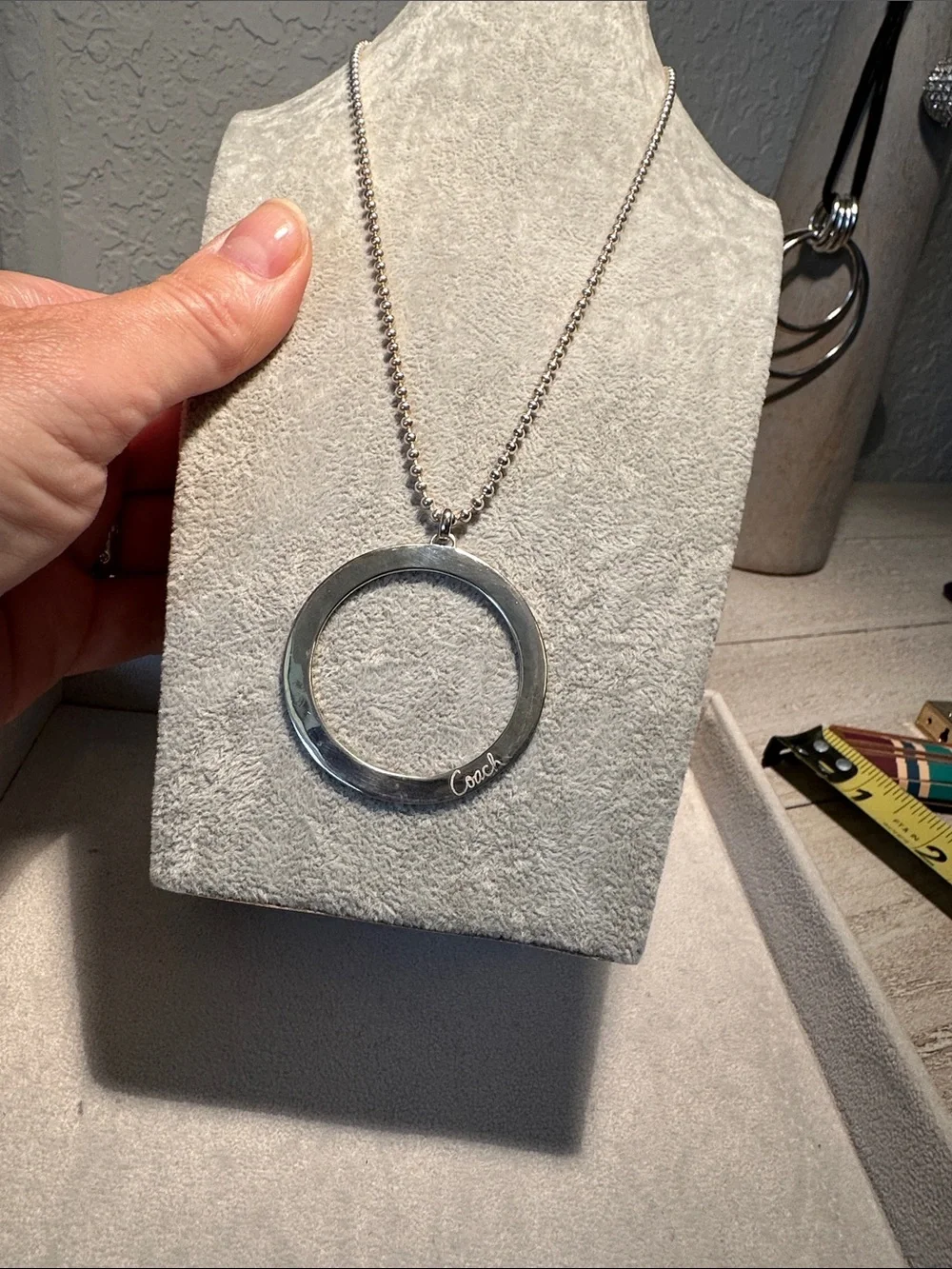 Sterling Silver ball chain Necklace with Coach script Round Pendant
